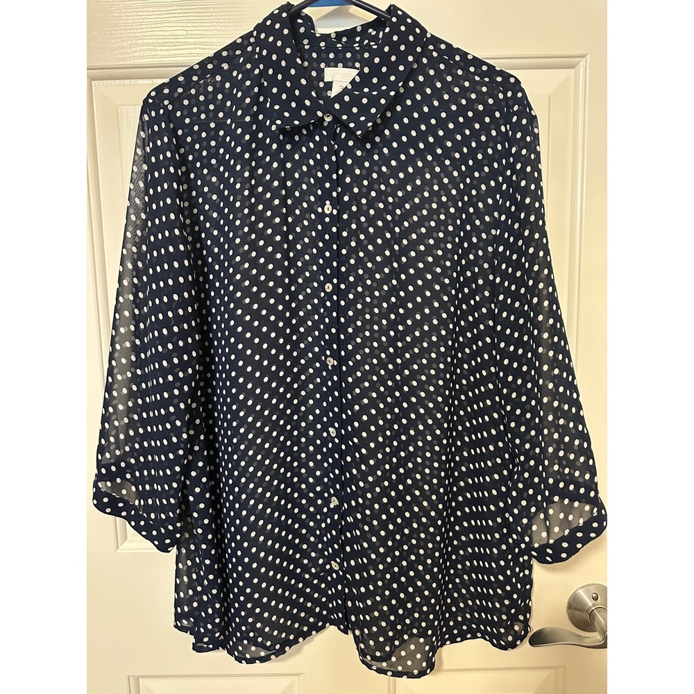Chico's Button Down Women 3 Navy Polka Dot Blouse Sheer 3/4 Sleeve Casual Top